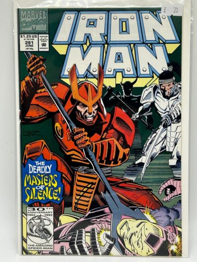 Key Significance First appearance of the Masters of Silence, a group of technologically enhanced ninja assassins who become recurring Iron Man adversaries. Part one of the "Masters of Silence" storyline and published during the popular late Michelinie/Layton era of Iron Man. Description Iron Man #281, published by Marvel Comics in June 1992, introduces the deadly Masters of Silence as Tony Stark faces a new technologically advanced threat. Written by David Michelinie with artwork by Mark Bright and cover art by Kevin Hopgood, the issue blends corporate intrigue, high-tech action and classic Iron Man storytelling. This copy presents very well with strong colours, excellent gloss and sharp overall eye appeal. Minor spine wear and light handling wear are visible, but the comic appears clean and well-preserved. Based on the front cover image, the book is estimated to be in VF/NM (9.0) condition. A desirable early-1990s Iron Man issue featuring the first appearance of a notable villainous faction.