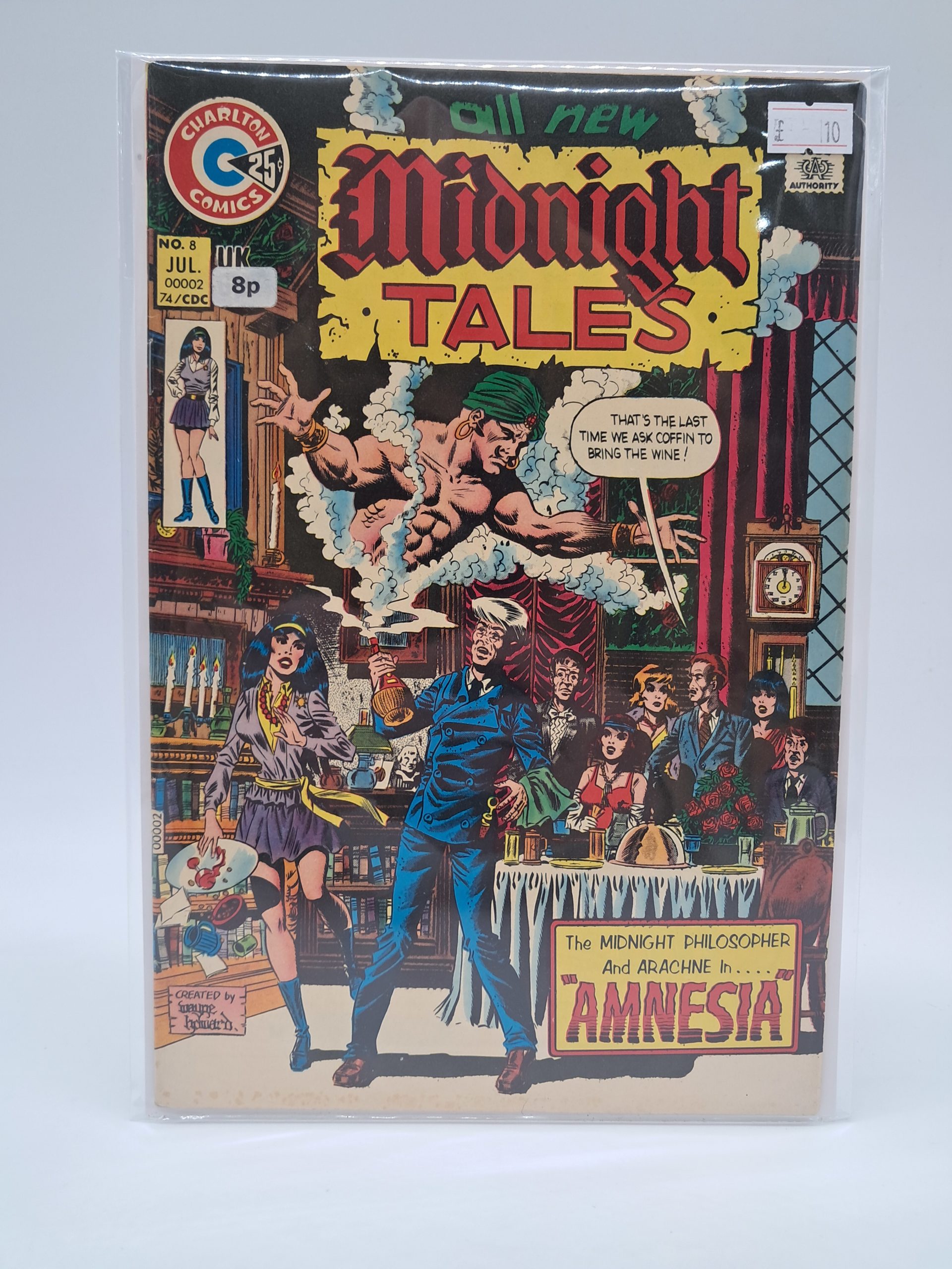 Charlton Comics Midnight Tales #8 (July 1973) UK Price Variant Horror Comic – The Midnight Philosopher and Arachne in "Amnesia"
