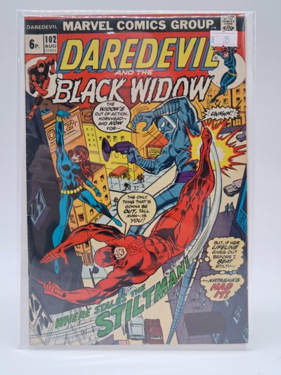 Marvel Comics โ Daredevil #102 (1973) UK Price Variant Comic โ Black Widow and Stilt-Man Cover