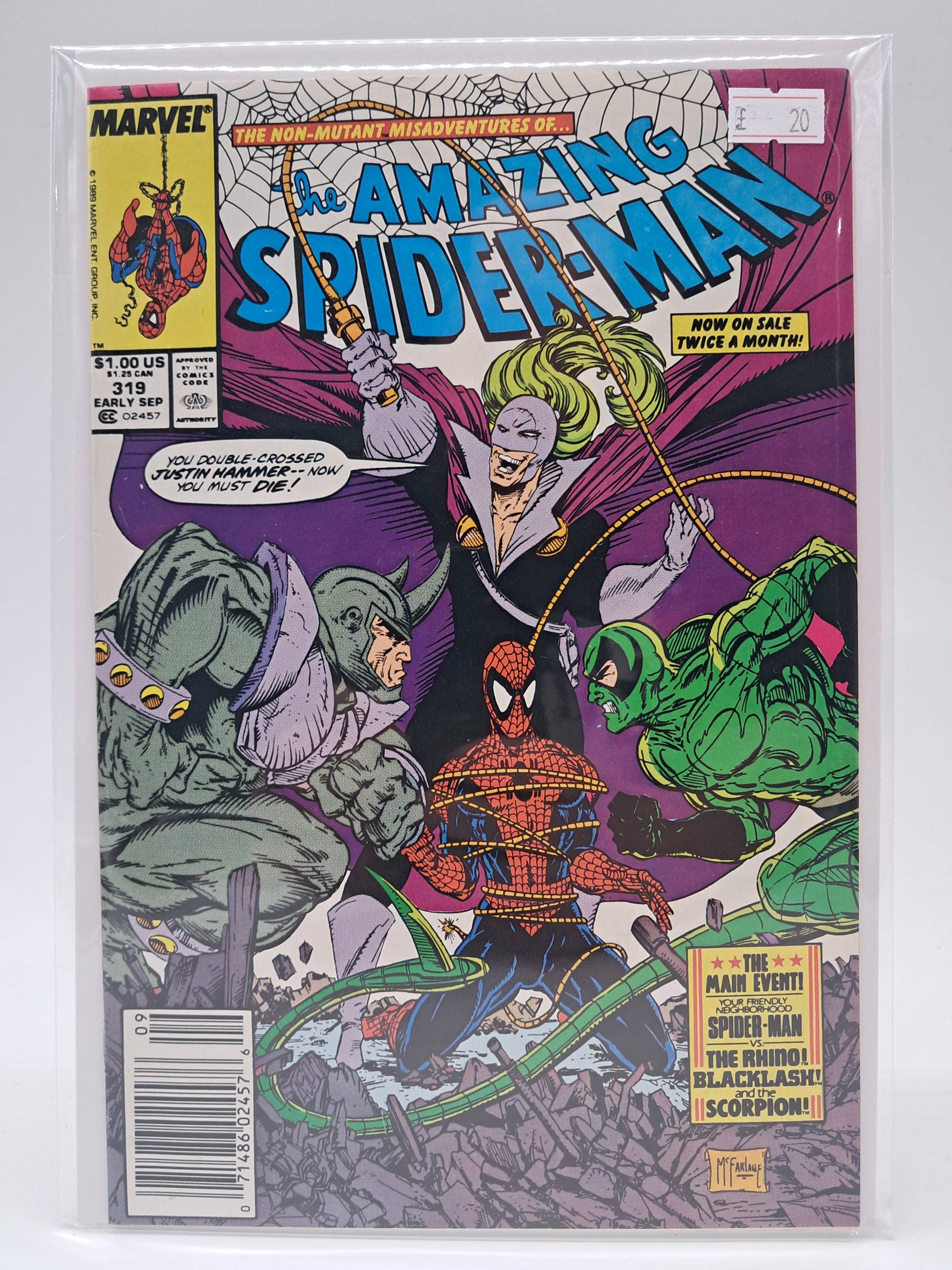 The Amazing Spider-Man #319, Marvel Comics – Spider-Man vs Rhino, Blacklash & Scorpion – Newsstand Edition – 1989