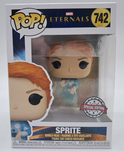 Funko Pop! Marvel vinyl figure featuring Sprite from Marvel Studios’ Eternals, numbered #742. This transforming version is presented in the original window display packaging and carries the Special Edition sticker. The figure depicts Sprite in her blue Eternals costume. Released in 2021, the figure was manufactured and published by Funko and officially licensed by Marvel. The #742 release is specifically identified as Sprite (Transforming).
